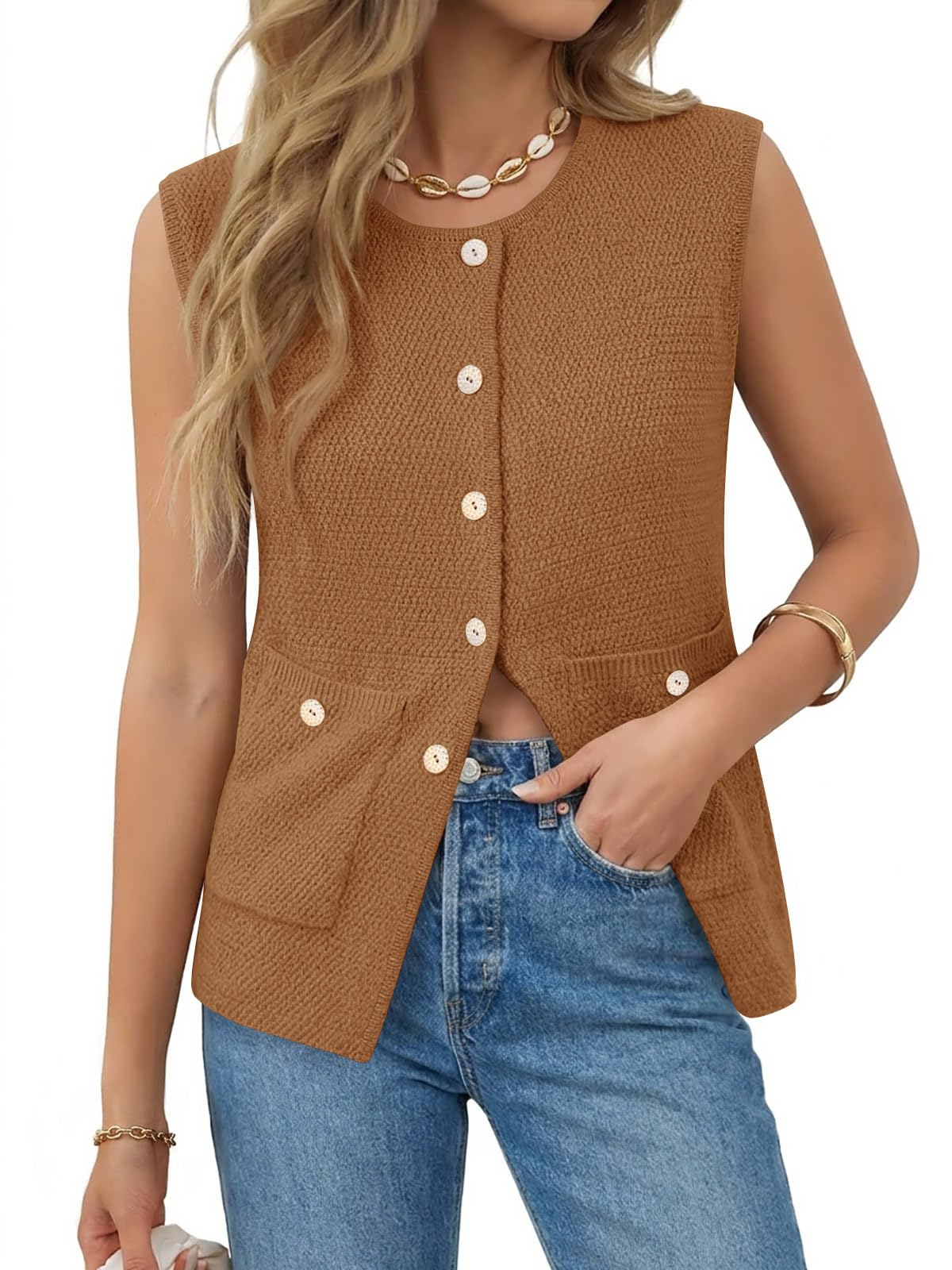 Yousify Womens Sweater Vest Sleeveless Button Down Round Neck Knitted Tank Tops Casual Cardigan with Pockets