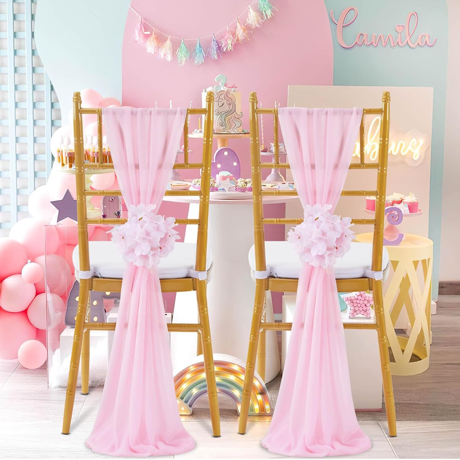 SoarDream Pink Wedding Chair Sashes, 26 Pack Sheer Tulle with Artificial Hydrangea Accents for Ceremony, Church & Reception Home Chair Decorations