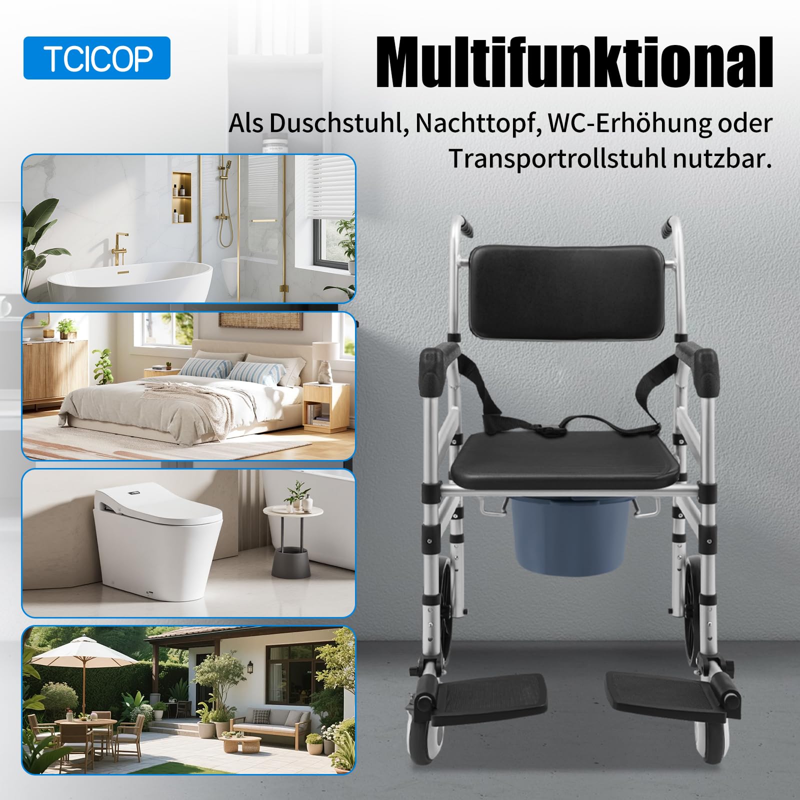 Toilettenstuhl für Senioren, Höhenverstellbar Duschstuhl mit Rollen, Faltbar Duschstuhl Toilettenhilfen, Mobil Toilettenstuhl 160kg Tragfähigkeit, für Badezimmer