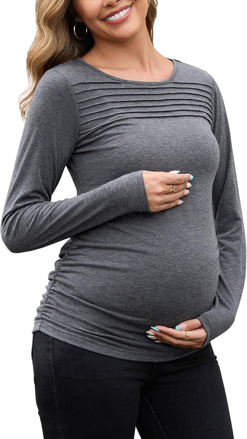 Maternity Long Sleeve Tops for Women Pleated Crewneck Pregnancy Shirts Dressy Work Blouses Trendy Basic Tunic