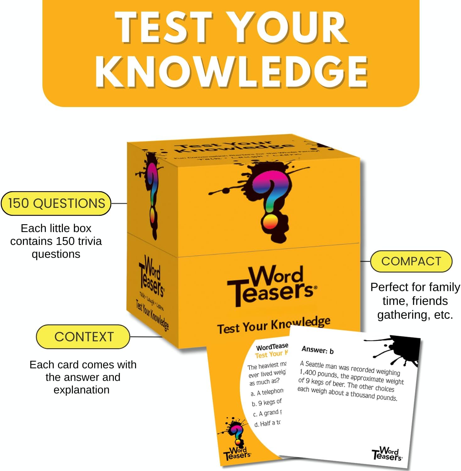 ? WORD TEASERS Test Your Knowledge - Random Knowledge Trivia Game for Adults & Kids - Fun & Interesting Trivia Card Game for Family Game Night - A Great Car Trivia Game - 150 Fun Fact Cards