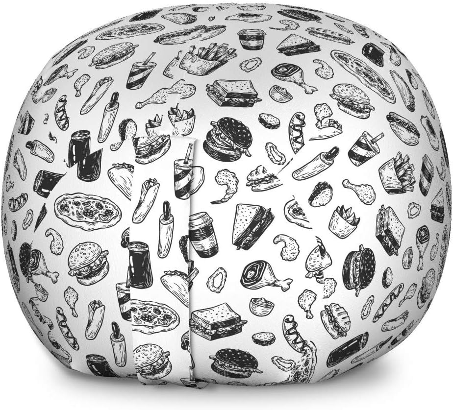 Lunarable Soda Storage Toy Bag Chair, Fast Food Burger Pizza Hot Dog Junk Unhealthy Meal Menu Wings Restaurant, Stuffed Animal Organizer Washable Bag, Small Size, Charcoal Grey and White