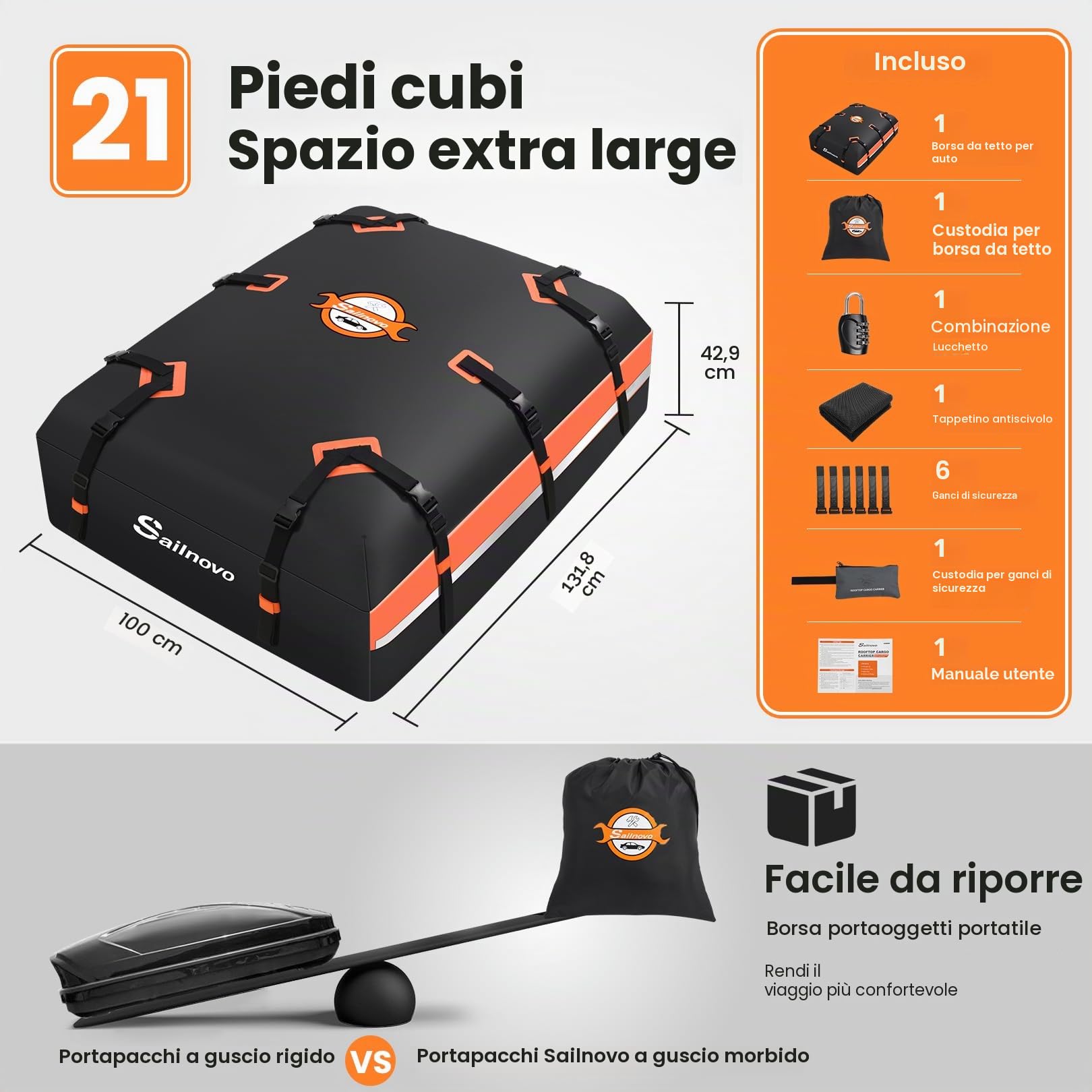 Sailnovo Box Tetto Auto Impermeabile 595L 1000D PVC, Portabagagli Auto Tetto con Tappetino Antiscivolo, 6 Ganci Portiere, Serratura Combinazione - Compatibile con/senza Barre Portatutto