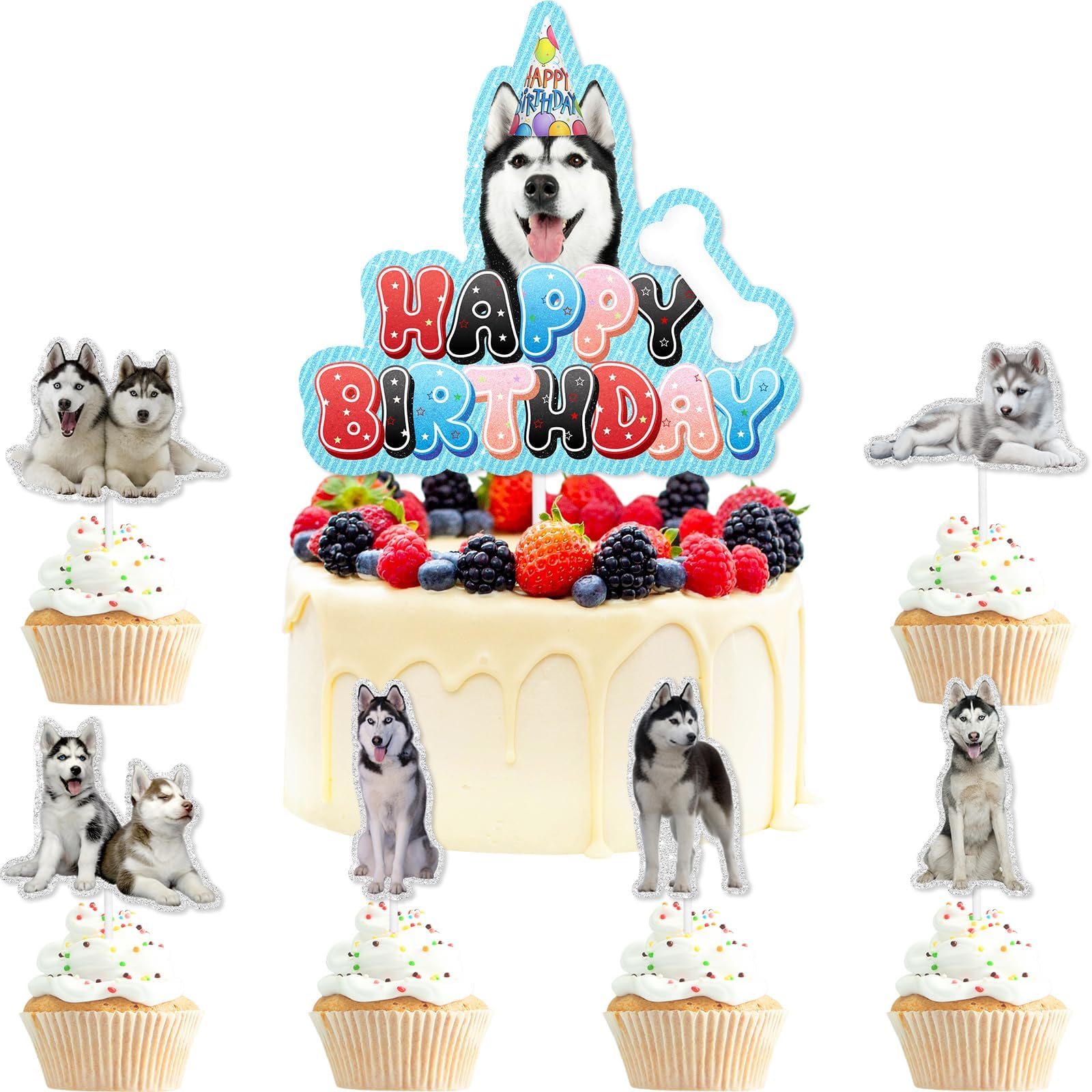 7Pcs Cute Puppy Themed Happy Birthday Dog Paw Prints Cake topper Set - Dog Birthday Party, Pet Party Baby Shower Party, or Boys and Girls Birthday Party Bones, Huskies Decorations - LIANGSS