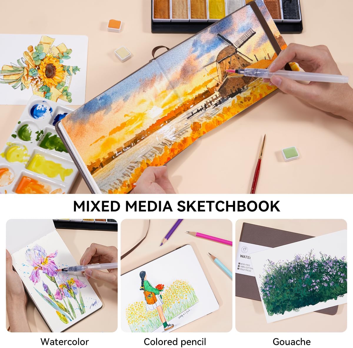 Lightwish Watercolor Journal, 2 Pack 40 Sheets 100% Cotton Cold Press Watercolor Paper Sketchbook 7.6” x 5.3”,140lb/300gsm, Acid-Free for Watercolors, Gouache, Acrylics