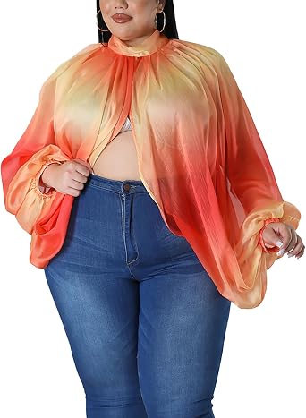 Womens Floral See Through Blouses Tops Chiffon Plus Size Sheer Lantern Sleeve Front Back Open Shawl Shirts