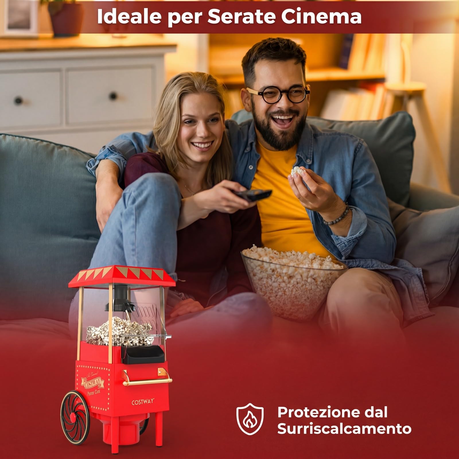 COSTWAY 1200W Macchina Pop Corn, Macchina Popcorn ad Aria Calda con Misurino Pronta in 2 Minuti, Senza Olio, Design Retro e Portatile per Serata Cinema Casa
