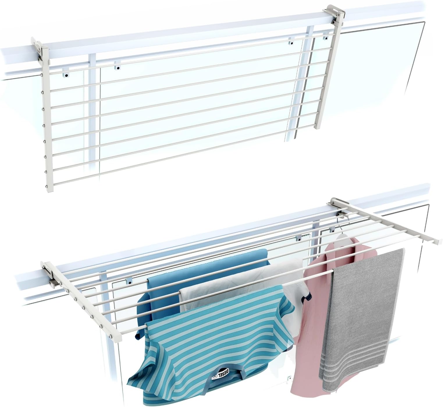 foxydry Duo, Folding Balcony Clothes Drying Rack, Laundry Drying Rack, Foldable Stainless Steel and Aluminum Outdoor Rail Mounted Laundry Rack for Patio, Balcony, Railing - 46" Length