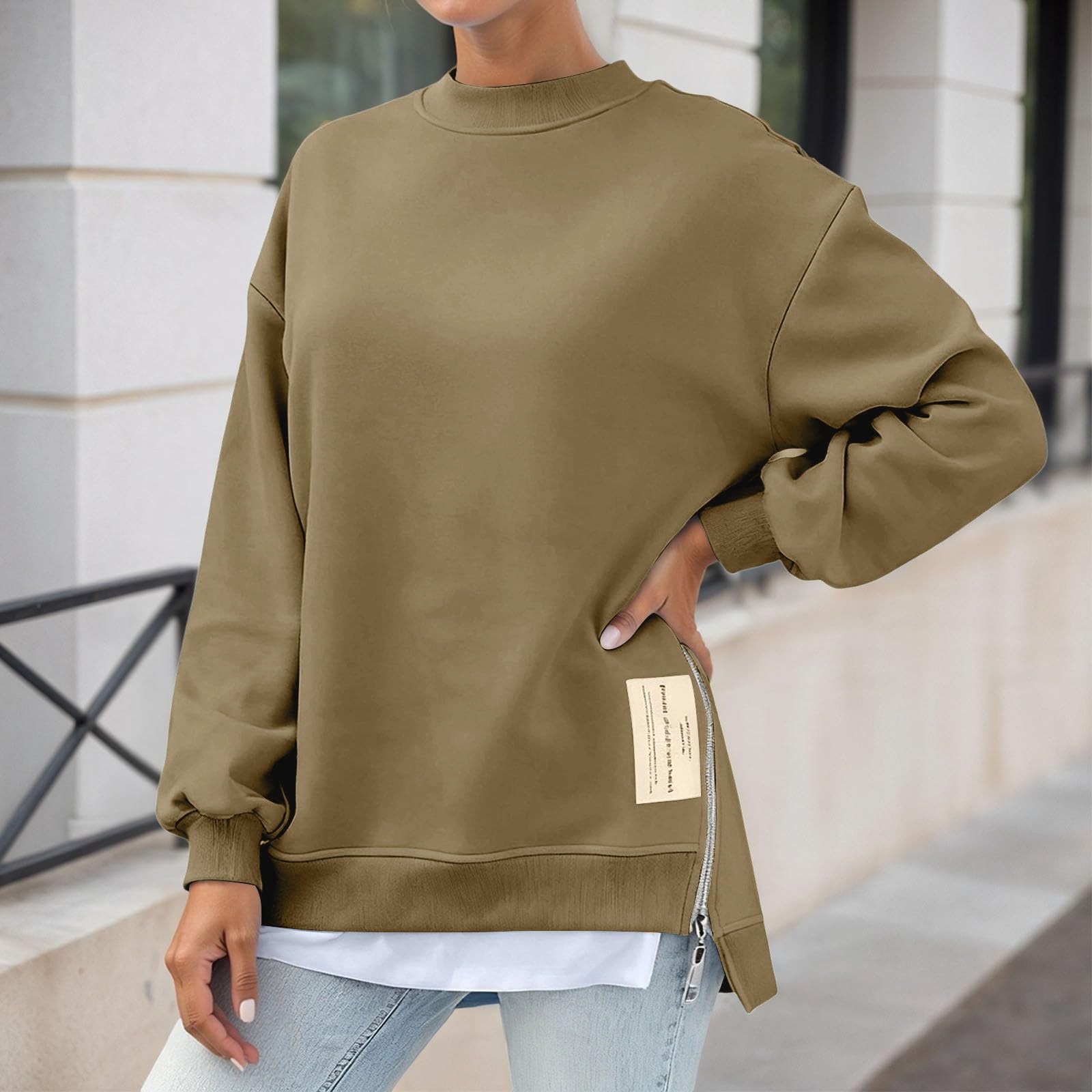 Sudadera Mujer Sin Capucha，Sudadera Informal de Manga Larga sin Capucha con Cremallera Frontal y Cuello para Uso Diario en Color sólido