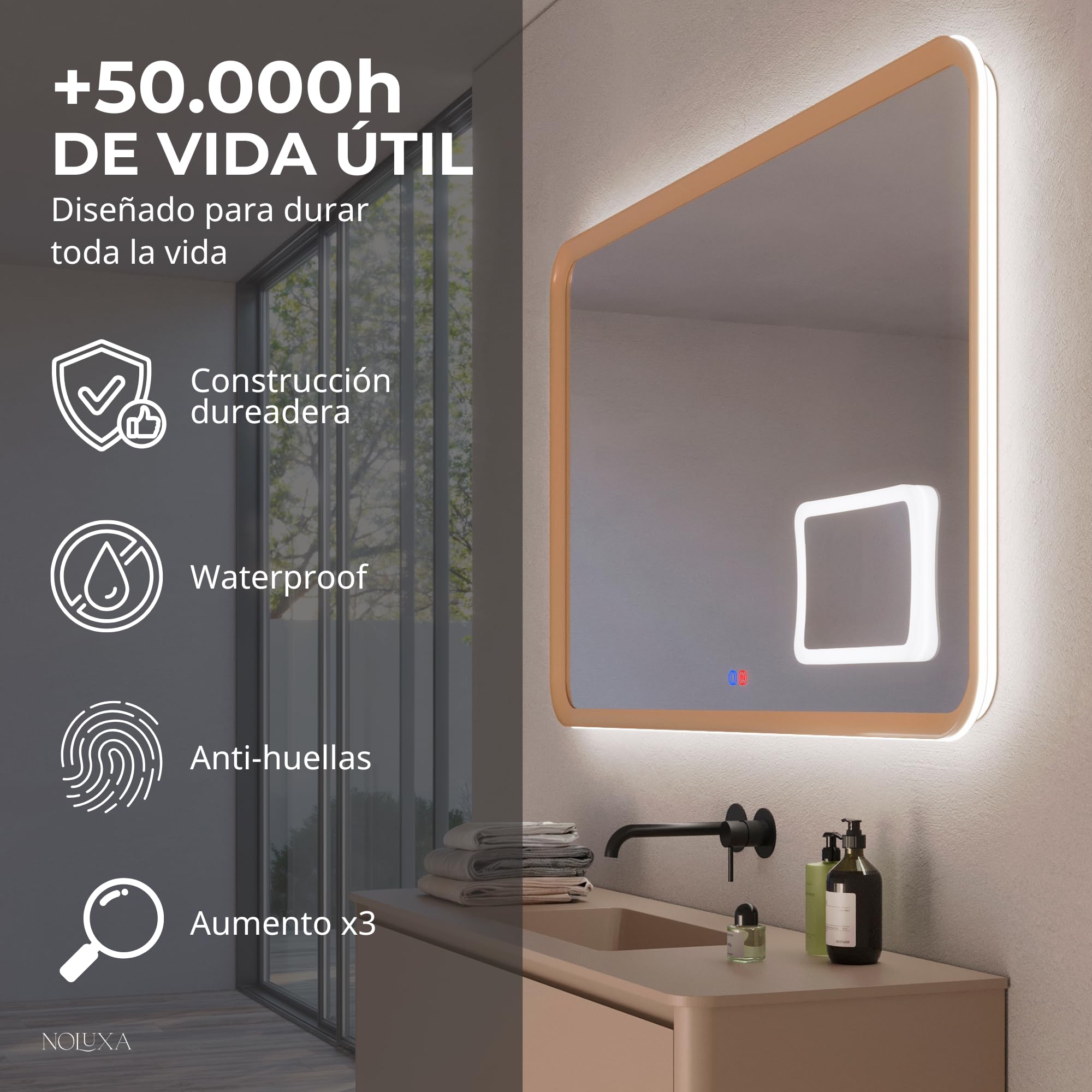 LEDIMEX Lustro łazienkowe ze światłem LED i funkcją zapobiegającą parowaniu 100 x 80 cm, lustro z podświetleniem Tri-LED (ciepłe, neutralne i zimne) i czujnikiem ON/OFF, prostokątne lustro ścienne z 3