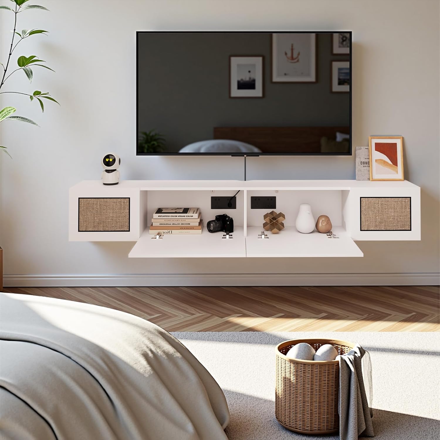 Pmnianhua Boho Floating TV Stand 55", Modern Wall Mounted Media Console with Cotton-Rayon Doors for Under TV Shelf,Entertainment Center,Living Room,Bedroom(White) - Image 2