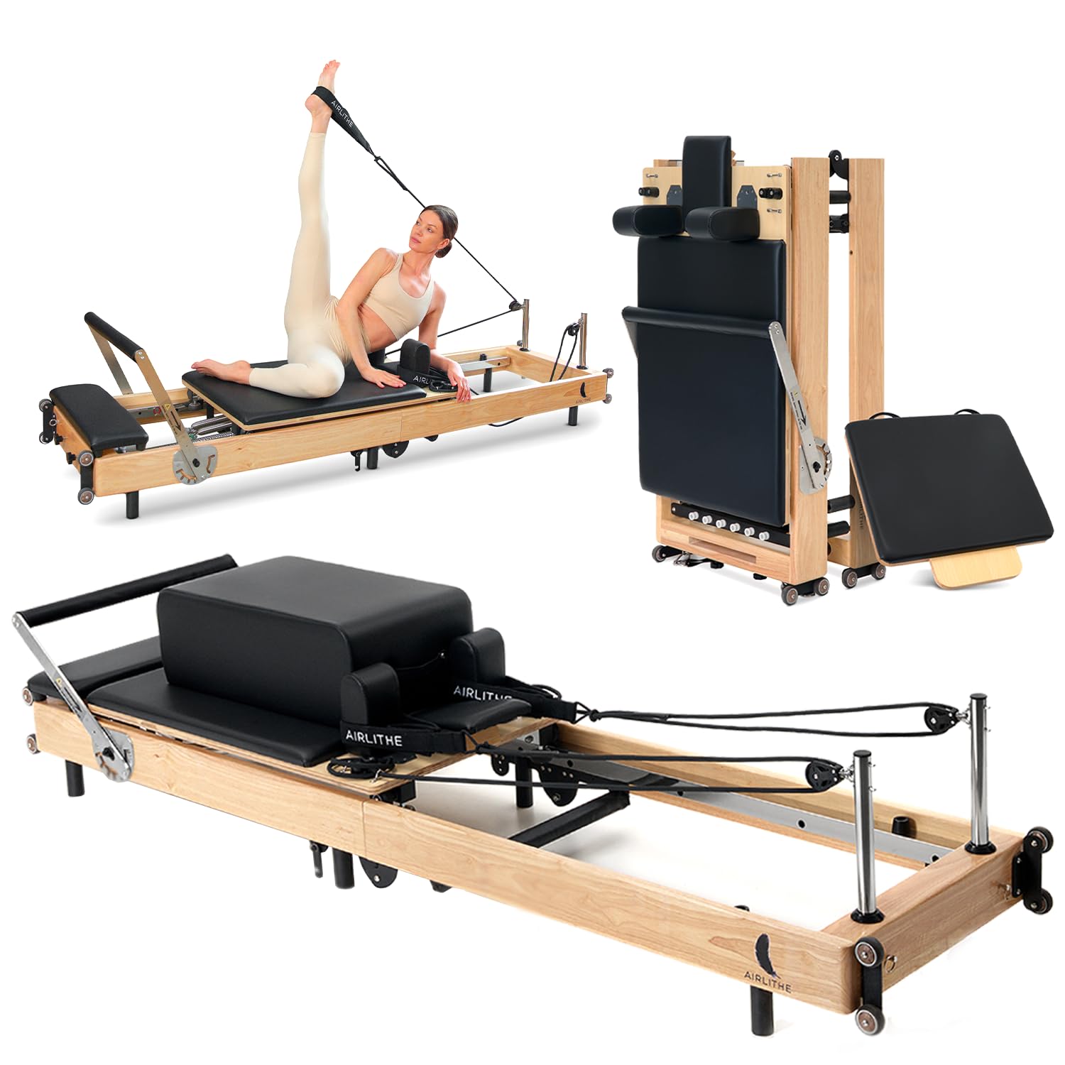 Foldable Pilates Reformer Machine. Wooden Frame Reformer Machine with Strings, Versatile Accessories & 50+ Expert-Guided Workouts. Home Equipment for Strength Training, Rehabilitation, & Flexibility