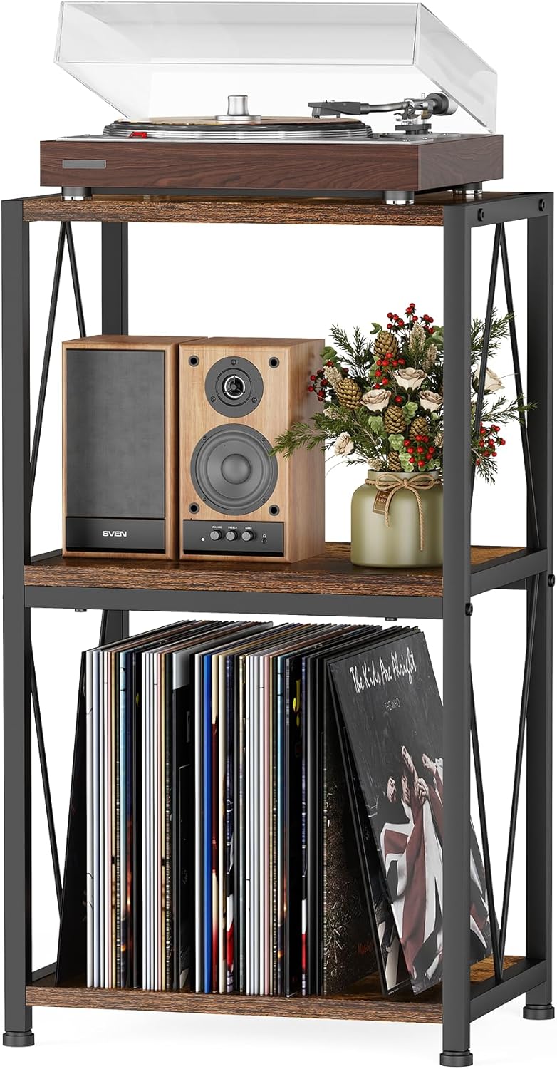 HFHOME – Table d&rsquo;appoint à 3 niveaux, rangement et présentoir pour disques vinyles, pour salon, chambre à coucher, salle de musique