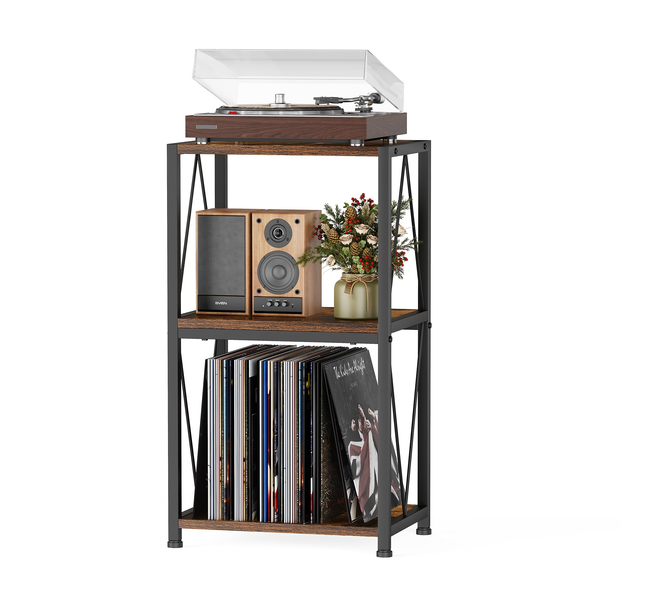 HFHOME Tavolino per dischi in vinile a 3 ripiani, armadietto per giradischi per riporre e esporre vinili, supporto per giradischi in soggiorno, camera da letto, sala musica