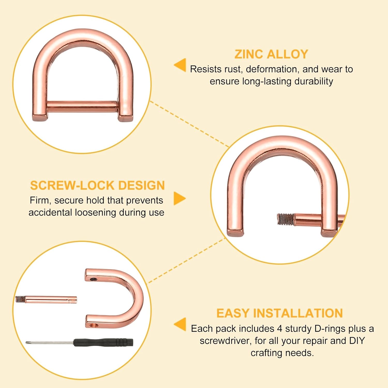 PATIKIL 1/2 Inch D-Rings Screw in Shackle, 4 Pcs Horseshoe Clasp U Shape D Rings with Screwdriver for Purse Keychain Strap Buckle DIY Leather Craft, Rose Gold - Image 4