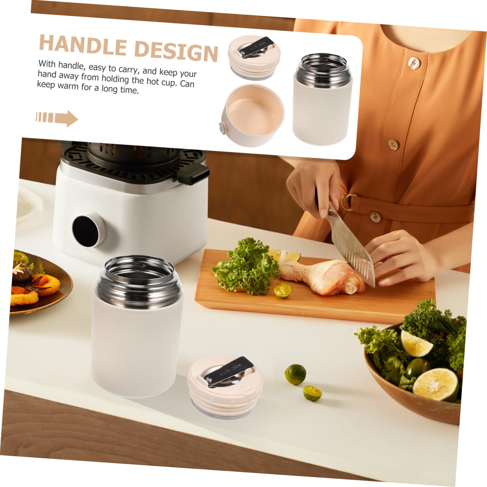 Tarro Aire Calor de al Actividades el Libre Mantiene Comida Térmico Acero Inoxidable 850ml Beige con Cuchara Asa, Fácil de Transportar