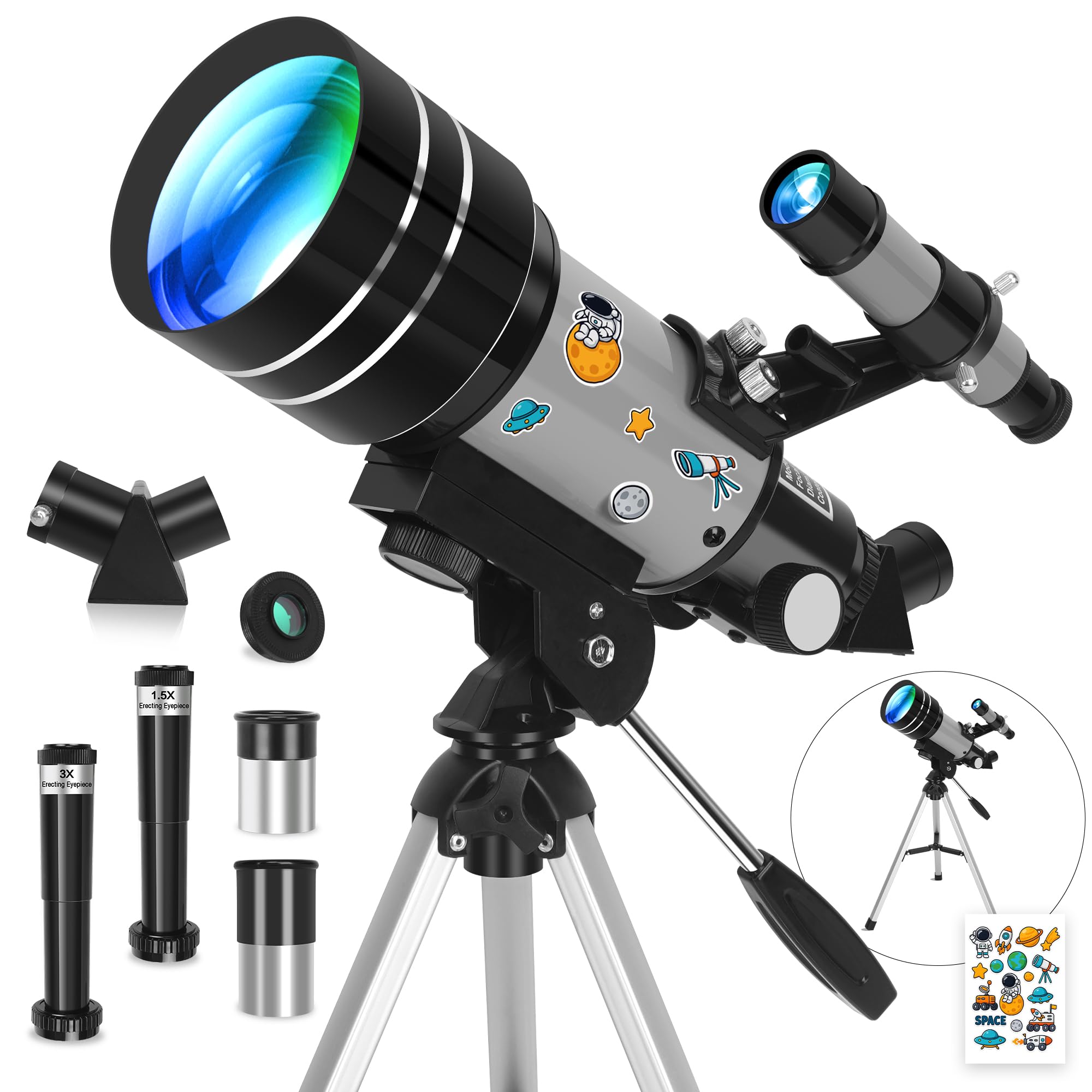 Télescope réfracteur pour et Adultes, pour débutants, Ouverture de 70 mm, Distance focale de 300 mm, avec Montage équatorial, idéal pour l'observation de la Lune