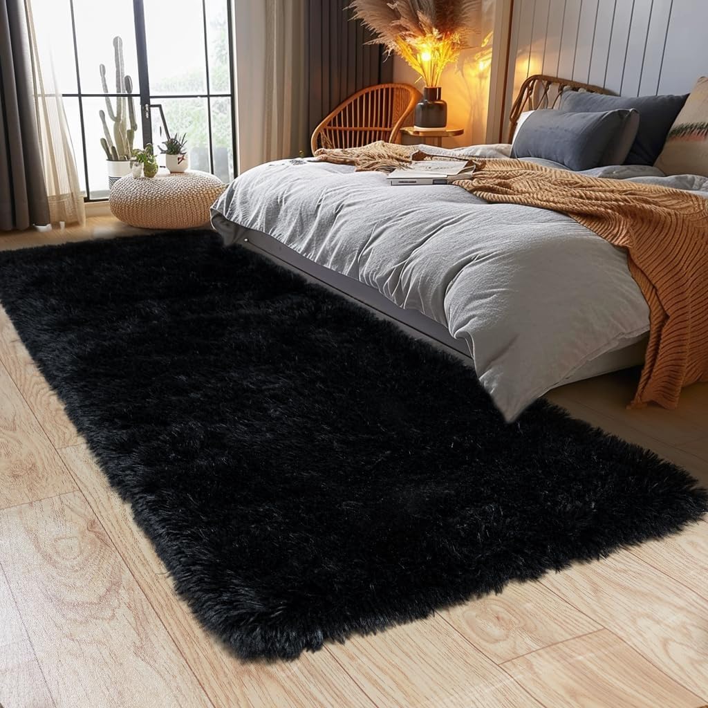 Naze Carpet for Hallway, Kitchen, and Modern Interiors, Contemporary Color Block Area Rug – Cozy Shag Runner for Living Room, Entryway & Office Décor ETC Size 1.5x3 feet, Patten-Solid Black-image-23