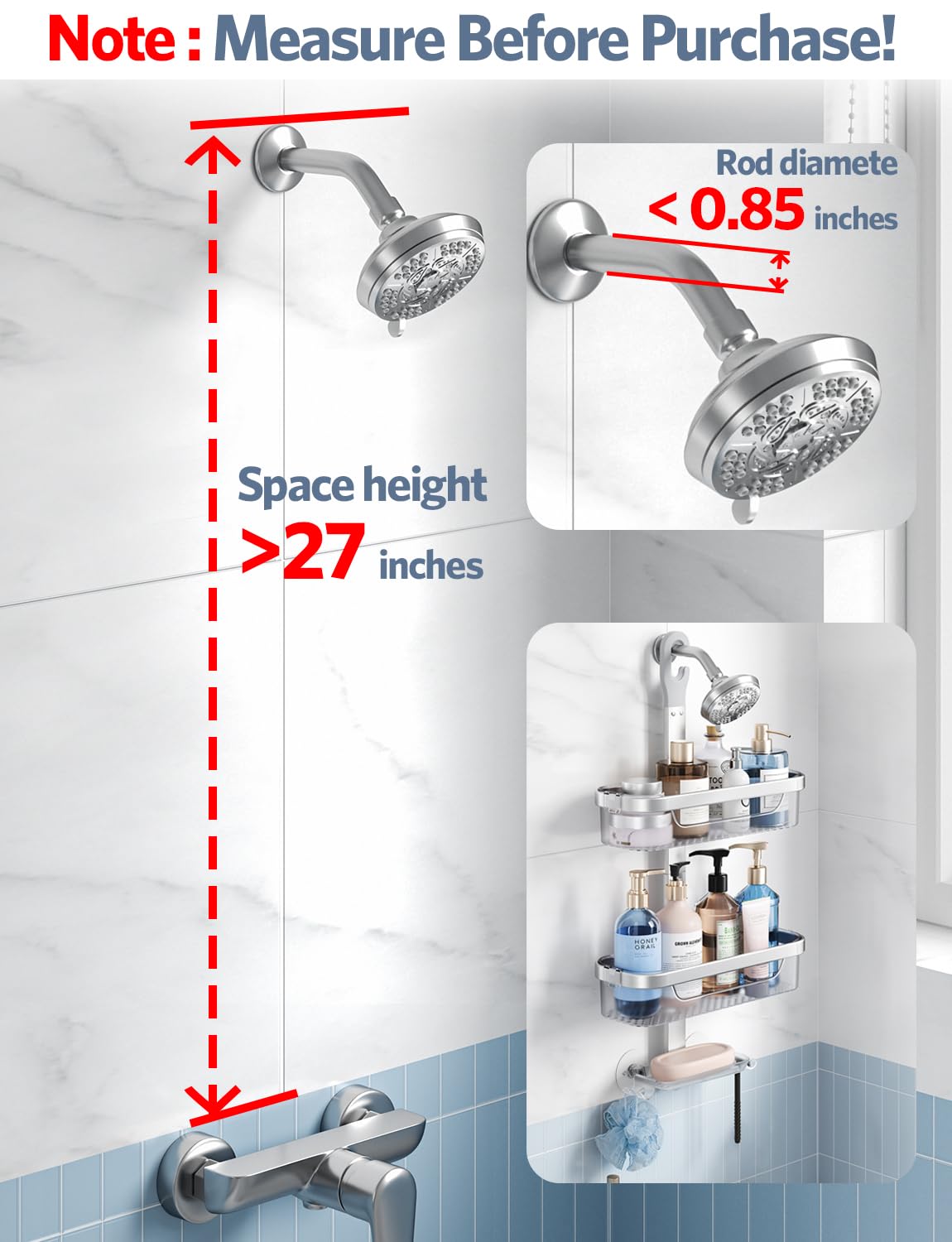 LAMU Adjustable Shower Caddy Hanging, Rust-Proof Hanging Organizer, 3-Tier Aluminum Alloy + ABS, Over-the-Showerhead with Hooks, Razor Holder, Soap Dish, Silver