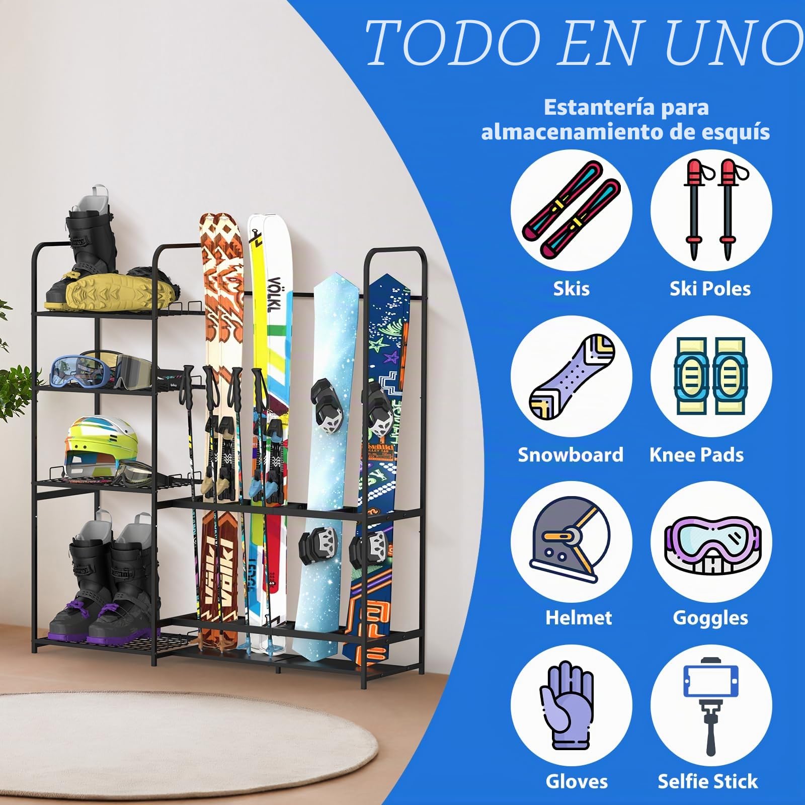 Estante de esquí independiente para garaje - Almacena 4 pares de esquís, soporte ajustable para botas de esquí, organiza esquís, botas, bastones, gafas, cascos y equipo, ideal para garaje, cobertizo