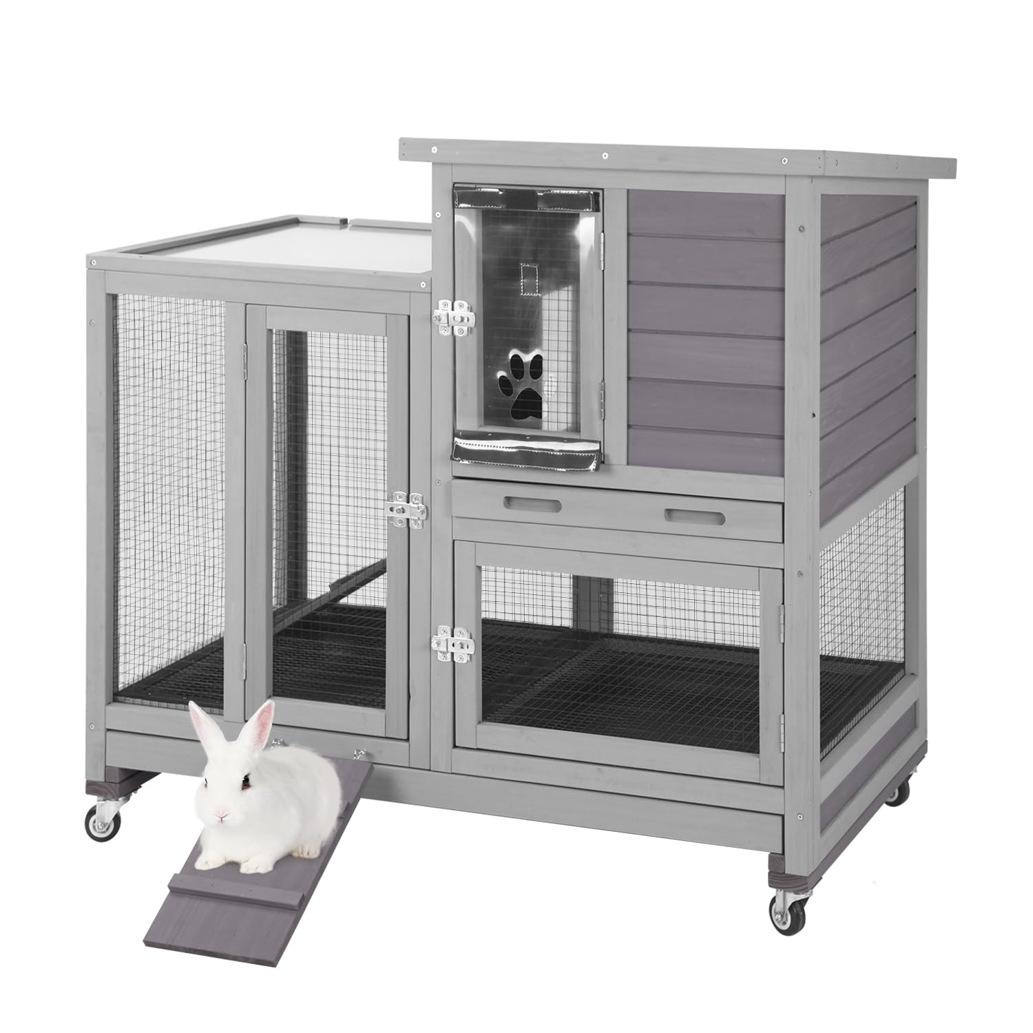 Conejera de madera para conejos, conejillos de indias, conejera de interior con corral, casa de conejo al aire libre en techo de asfalto casa de animales pequeños
