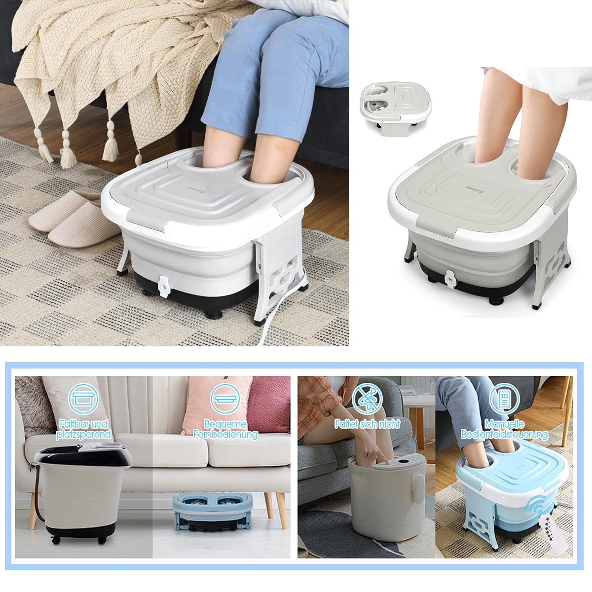RELAX4LIFE Fussmassagegerät elektrisch, klappbares Fußbad mit Massage & Heizung, 35-48℃, 10-60 min. Timer, Fußbadewanne mit Shiatsu-Rollen & Fernbedienung, Fußsprudelbad als Geschenk, 450W (Grau)