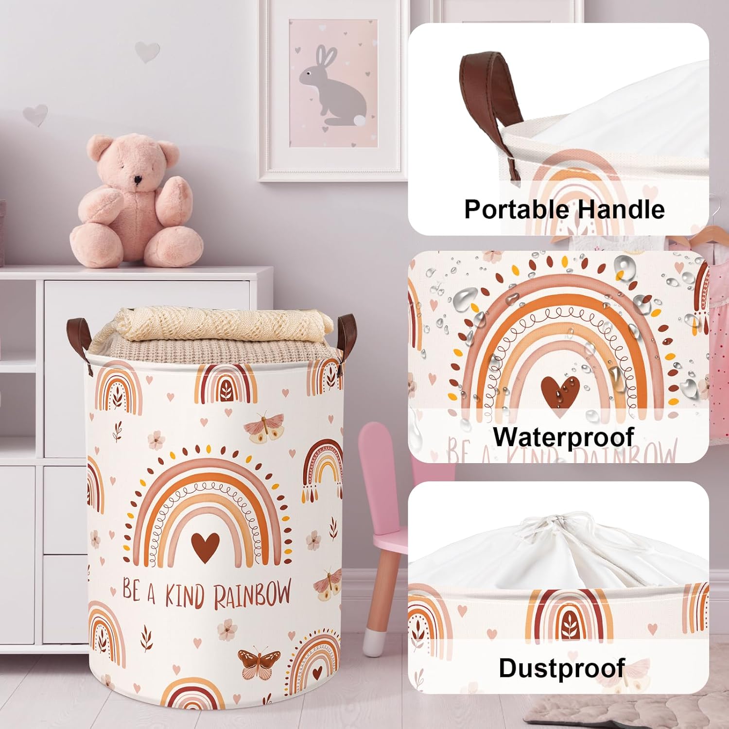 Clastyle 45L Boho Rainbow Laundry Hamper with Handle Drawstring Waterproof Butterfly Flowers Pink Laundry Basket Round Clothes Toys Heart Basket for Nursery Room