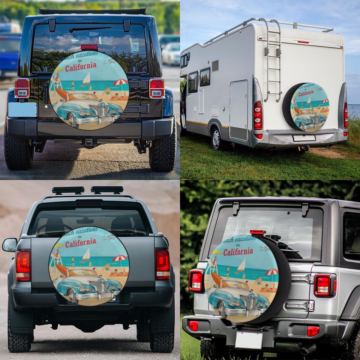 Happy Beach Tire Covers Portable Spare Tire Cover Soft Durable Waterproof Dustproof Set of 4 Bags 16 Inches for Car Truck SUV Trailer Camper