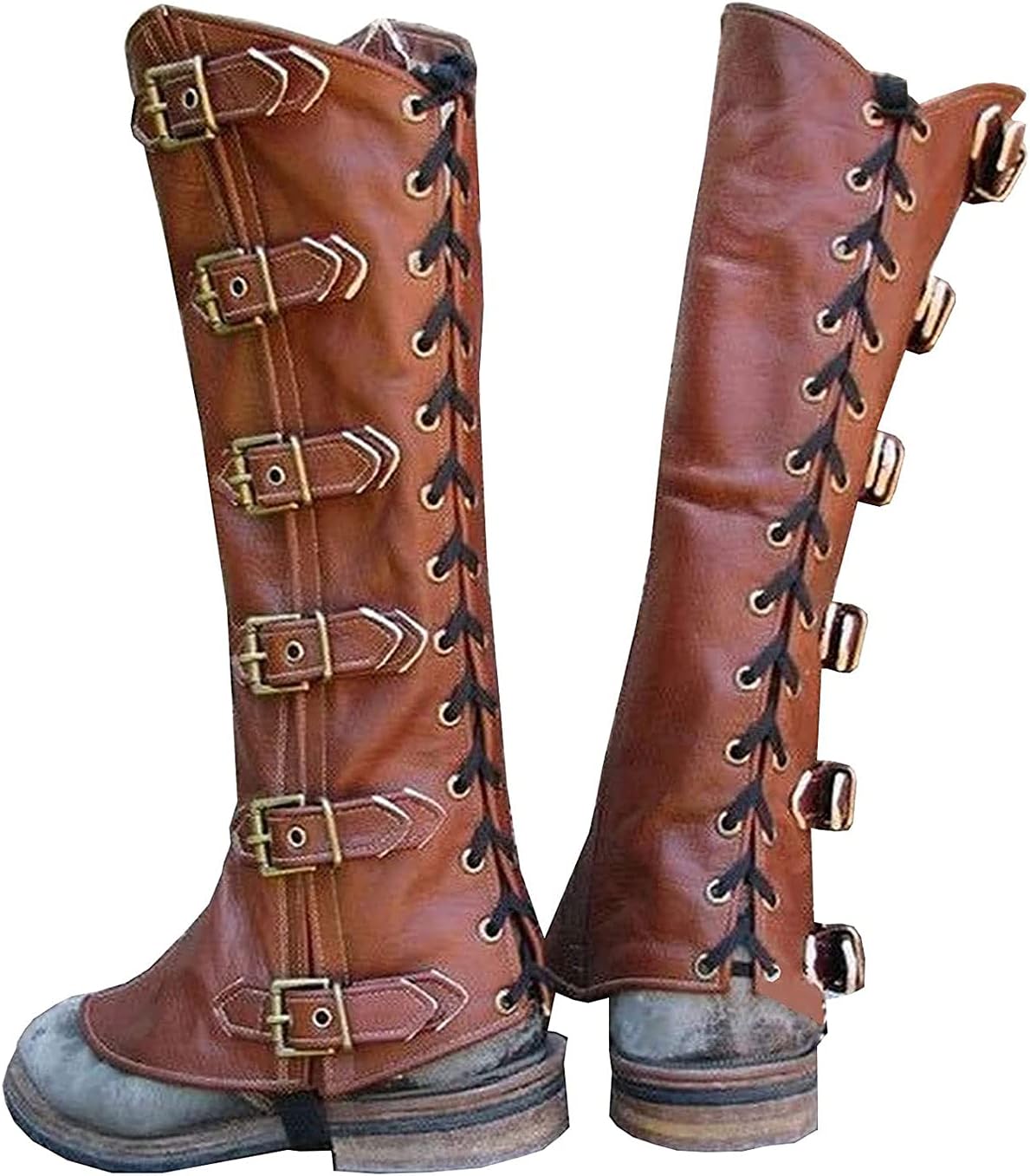 Retro Leather Gaiters, Medieval Soldier Knights Boots Cover Gothic Cosplay Adjustable Shoes Cover, for Hiking, Climbing, Hunting, Trekking,Brown