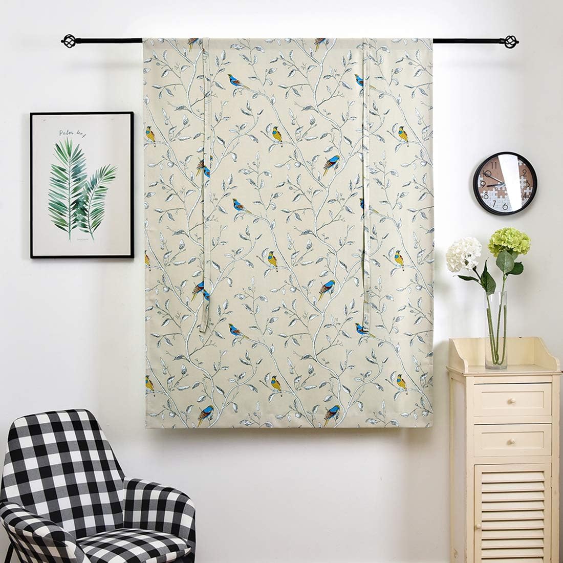 Soft Linen Touch Colorful Funny Birds Twig Printed Farmhouse Kitchen Curtain Tie up Adjustable Balloon Rod Pocket Window Treatmet Roman Shades Tiebacks for Cafe Drapes, 55" x 55", Light Khaki