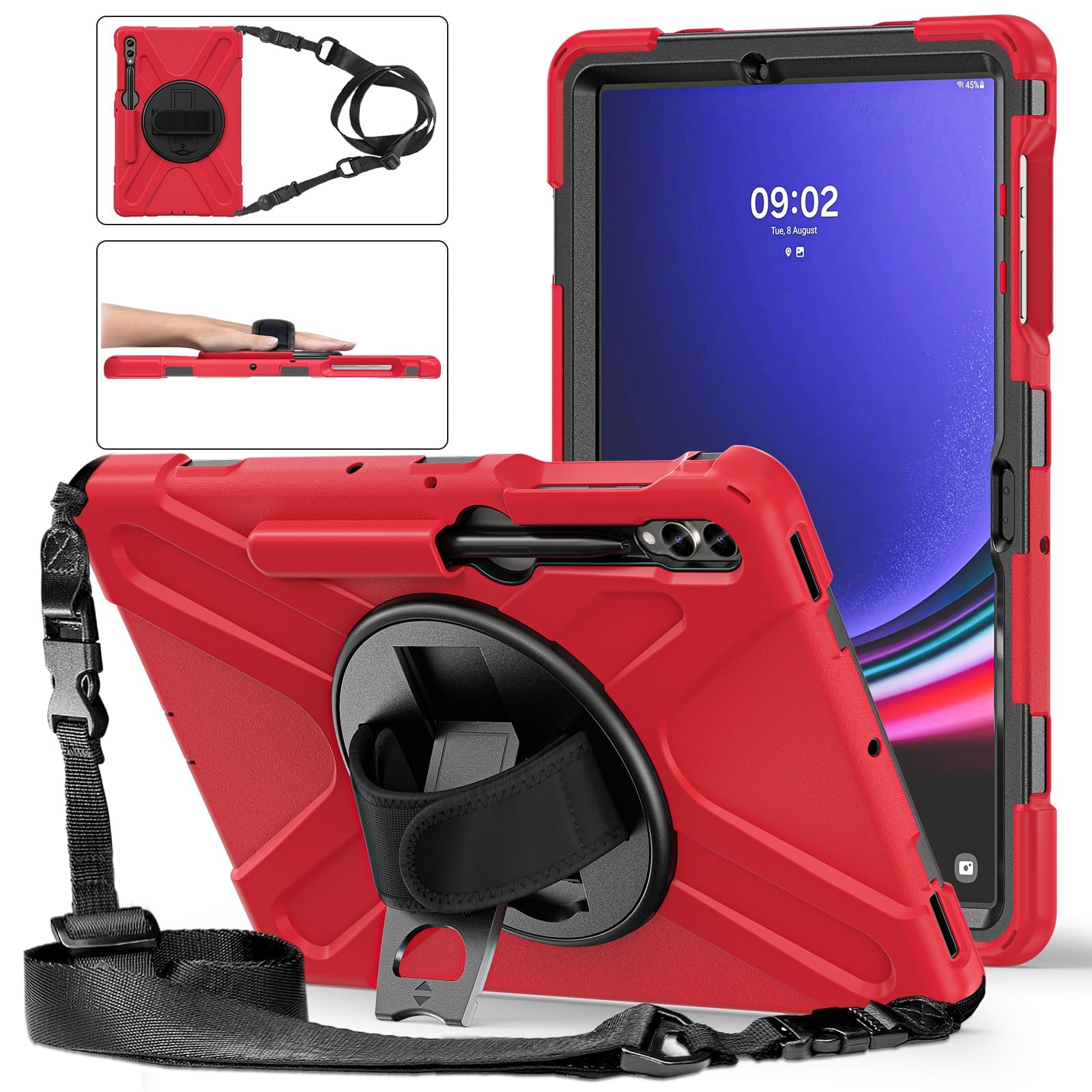 Wytrzymała, odporna na wstrząsy obudowa TPU kompatybilna z Samsung Galaxy Tab S9 FE Plus SM-X610/SM-X616 12,4 cala, etui ochronne odporne upadki, obrotową podstawką + uchwyt + pasek ramię(Rosso)