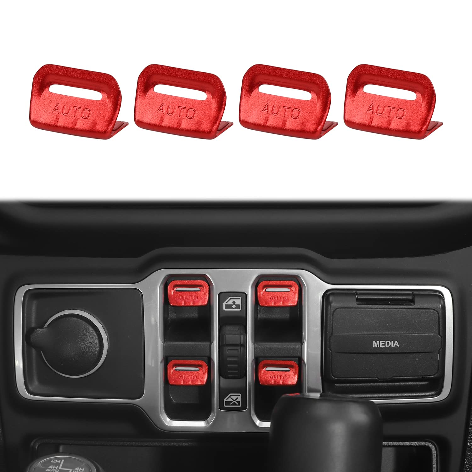Aluminum Window Control Switch Button Cover Fit for 2018-2024 Jeep Wrangler JL JLU & Gladiator JT (4Pcs,Red)