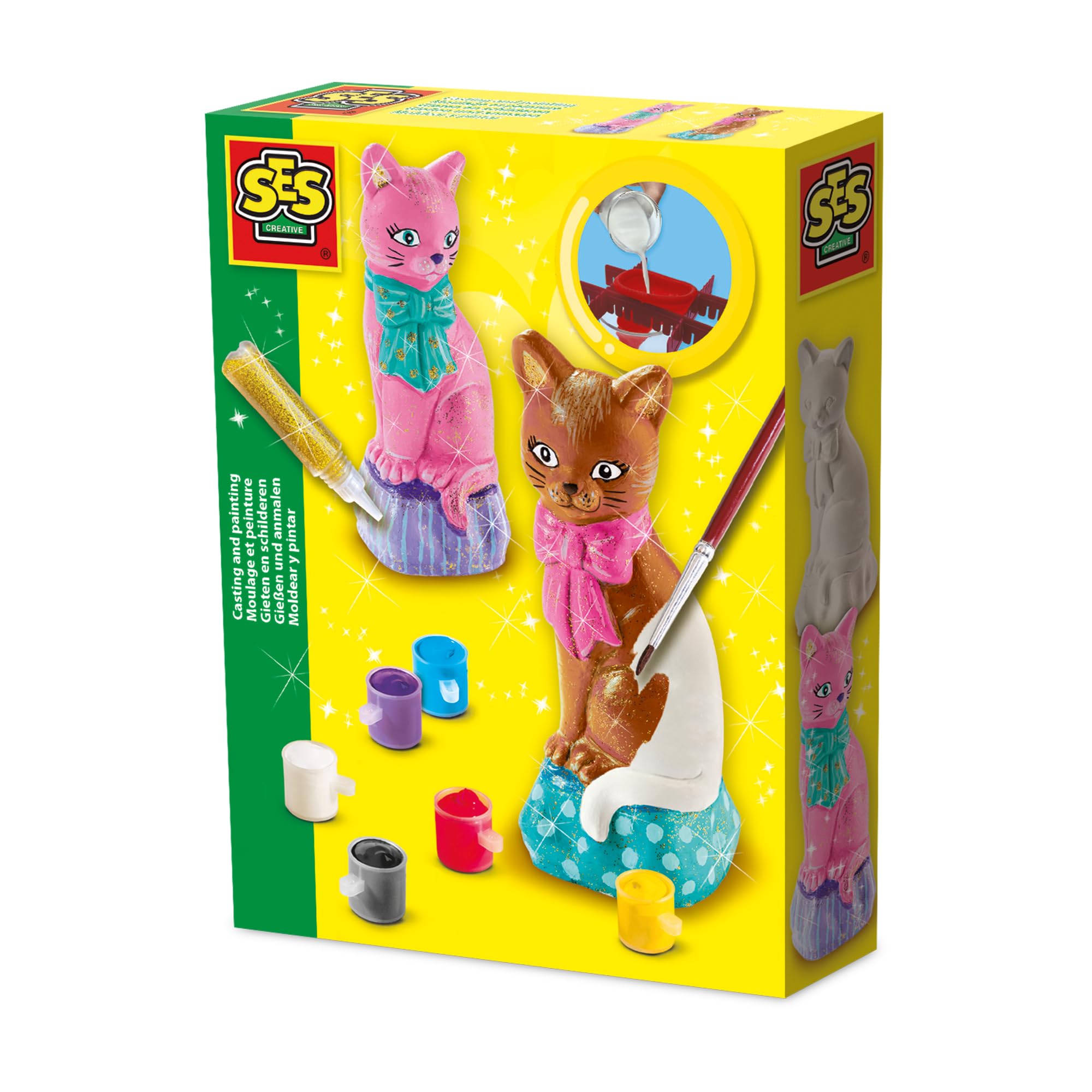 SES Creative 01218 Gips Gießen Bastelset Katze, Tier-Bastelset für Kinder, Diverse Farben