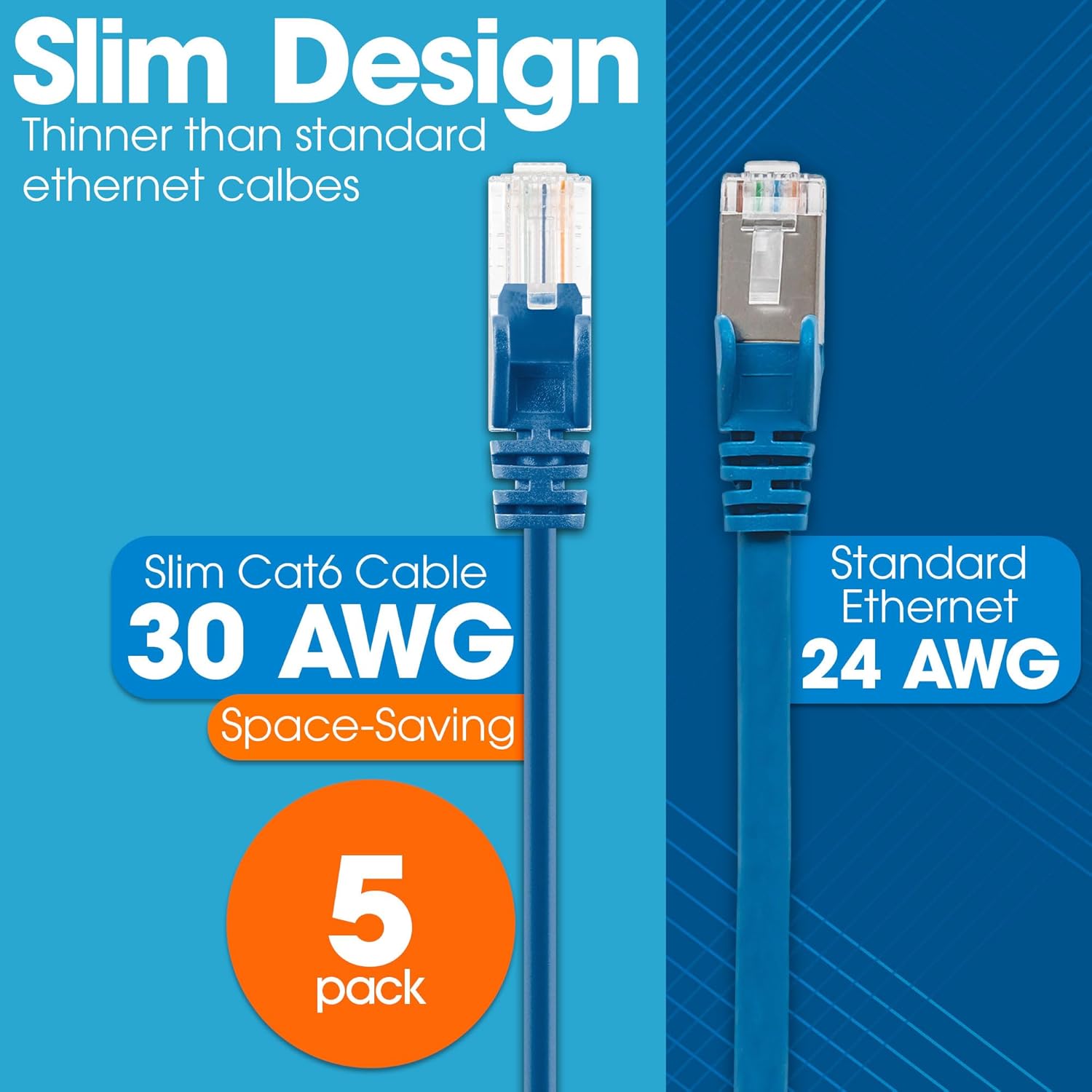 Intellinet Slim Cat6 Ethernet Network Patch Cable – 5 Pack - 10Gbps & 250MHz, Snagless Boot, 30AWG Pure Bare Copper Wire, Gold-Plated Contacts, Lifetime Mfg Warranty - 25ft, 5 Pack, Blue