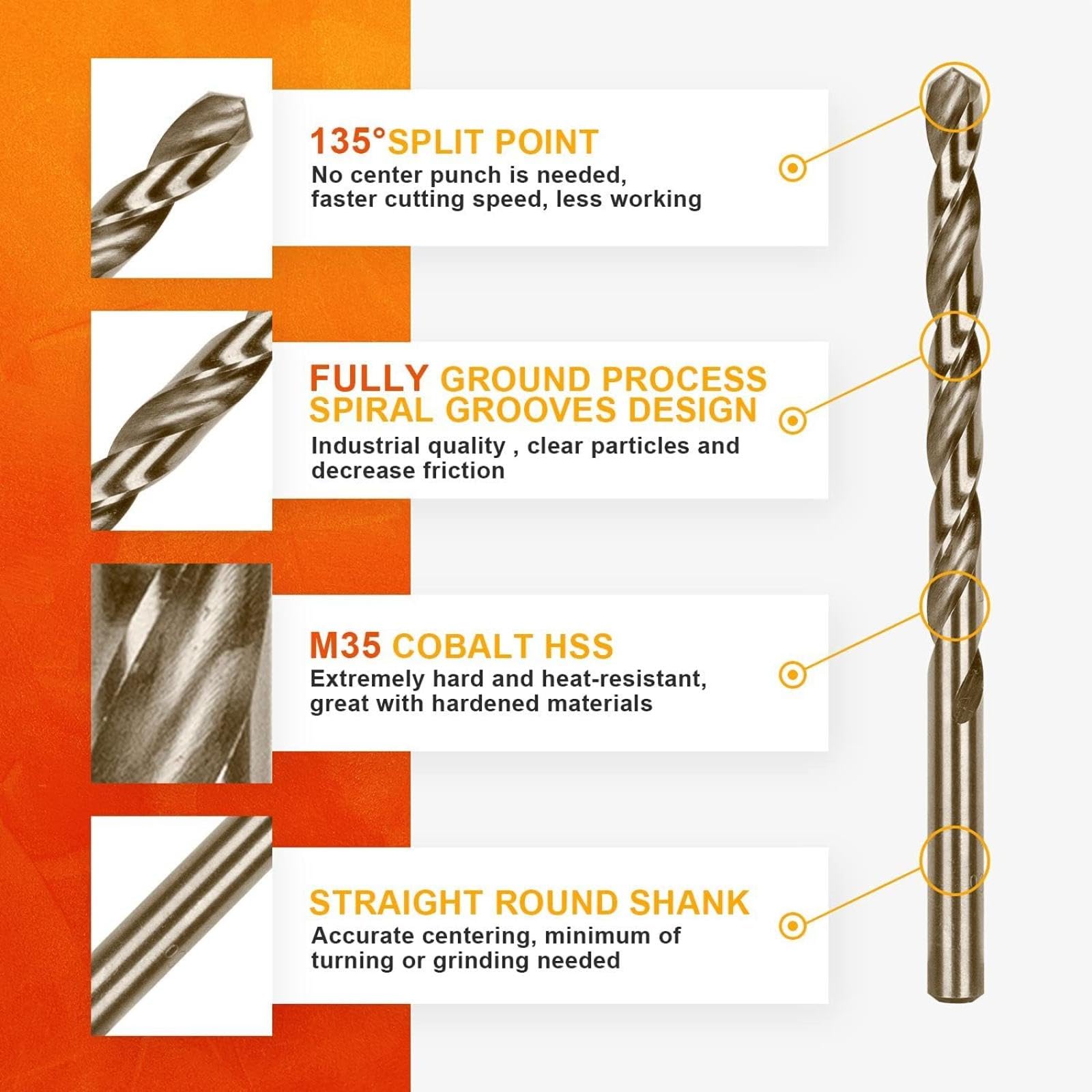 Juego de brocas helicoidales de cobalto para metal, acero inoxidable duro, hierro fundido, madera, aluminio y cobre, con vástago redondo (broca de cobalto 50)