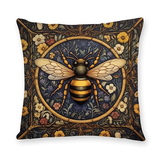 YOU FOUND ME William Morris Abstract Vintage Floral Bee Design Velvet Throw Pillow Covers Home Decor, Retro Art Deco Pillowcase Cushion Cover for Bed Sofa Living Room, Square 18x18inch (Bee)