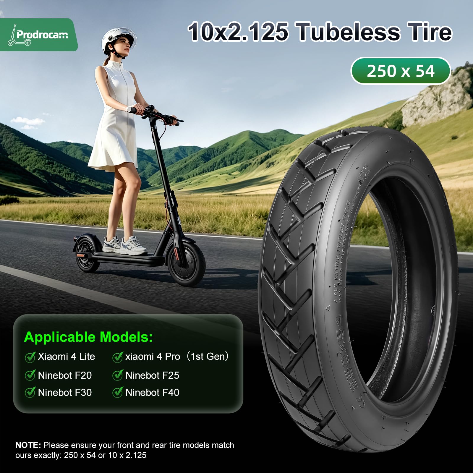 Pneumatici Tubeless 250 x 54 per Scooter Elettrico Xiaomi Mi4 Pro/Lite, 10 x 2,125 per Ninebot F20 F25 F30 F40 - 10 Pollici (Tubeless*2)