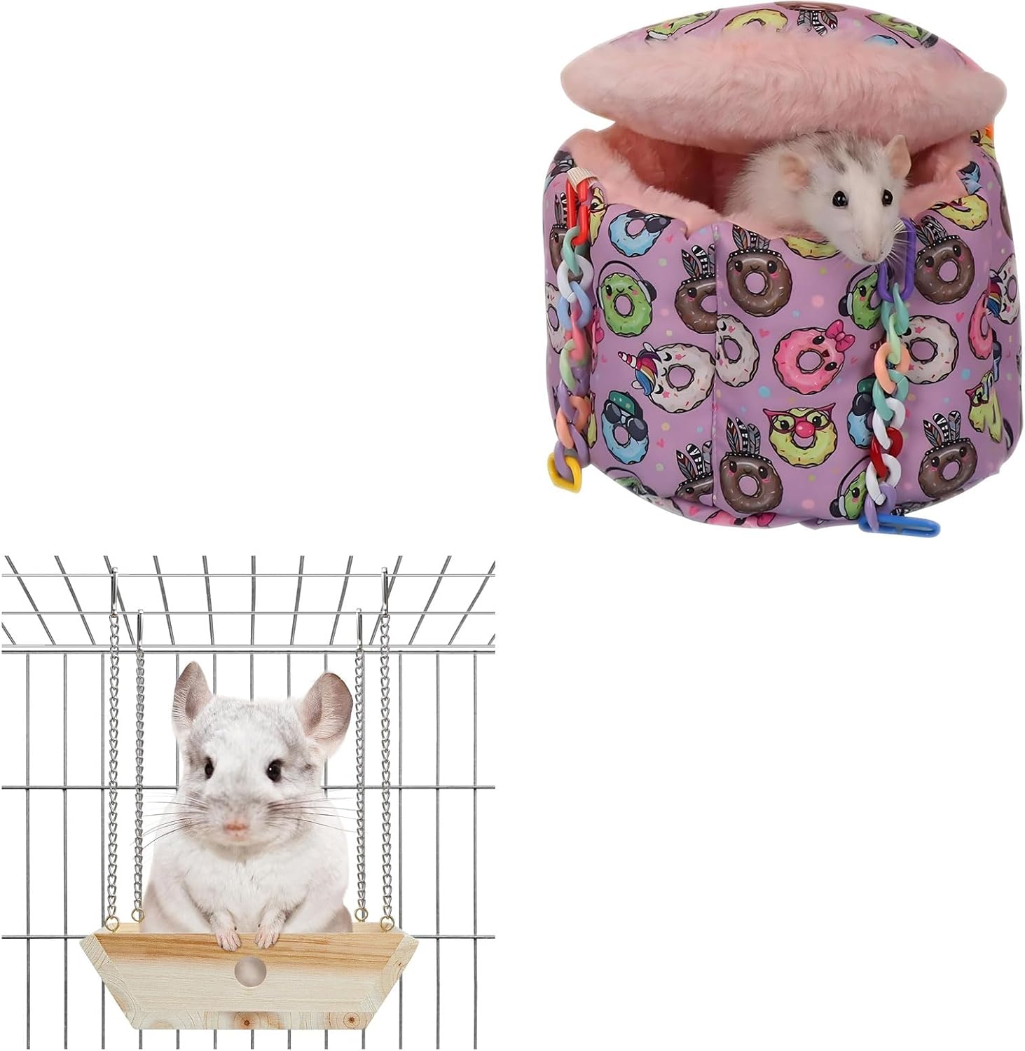 Rat Hanging Bed and Chinchilla Wood Hammock - Cozy Sleeping Nests with Natural Wood Swing for Small Pets