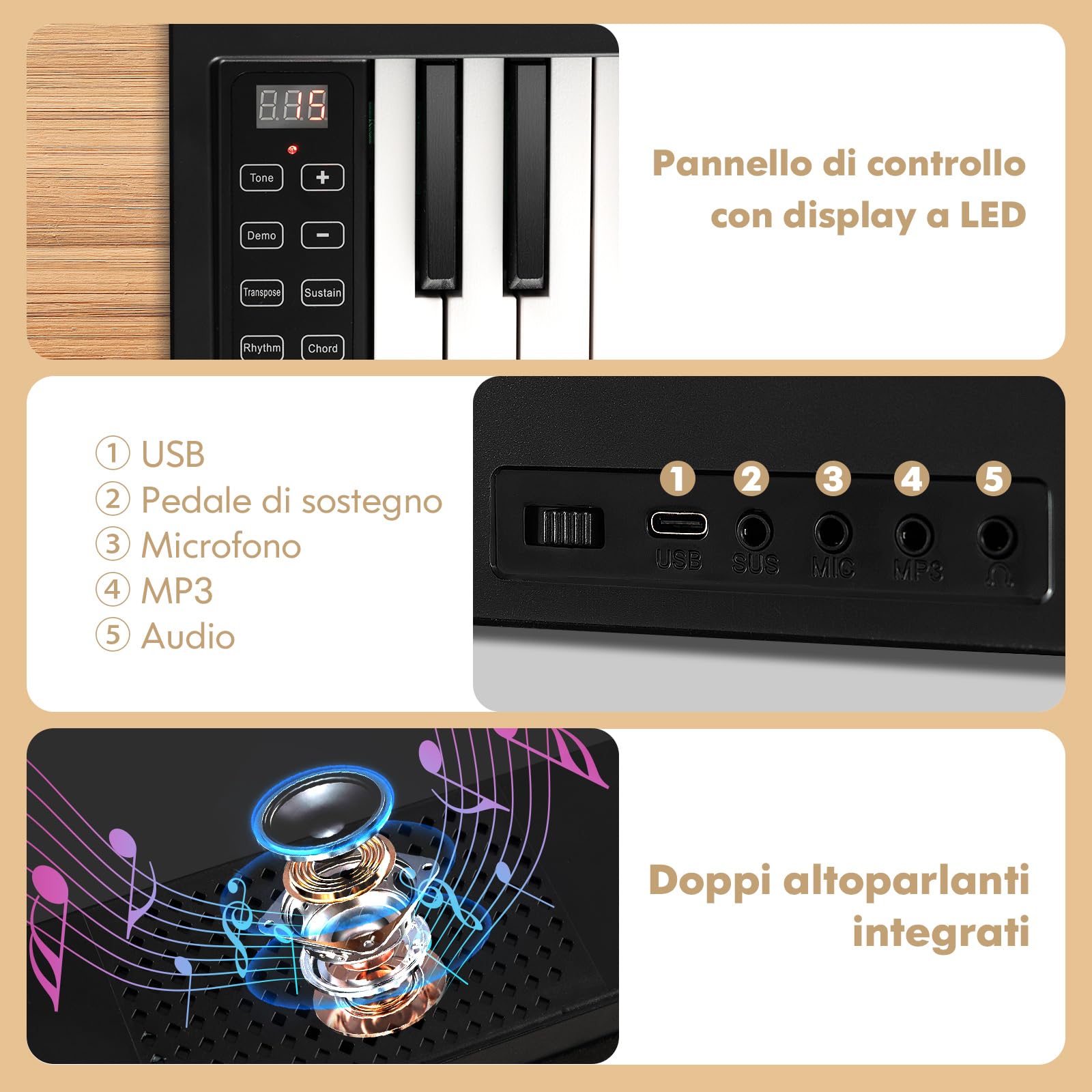 COSTWAY Pianoforte Digitale Pieghevole 61 Tasti, Tastiera Elettronica Portatile, con Tasti a Grandezza Standard Leggio Pedale Sustain MIDI Bluetooth e Borsa, per Principianti Bambini Adulti, Nero