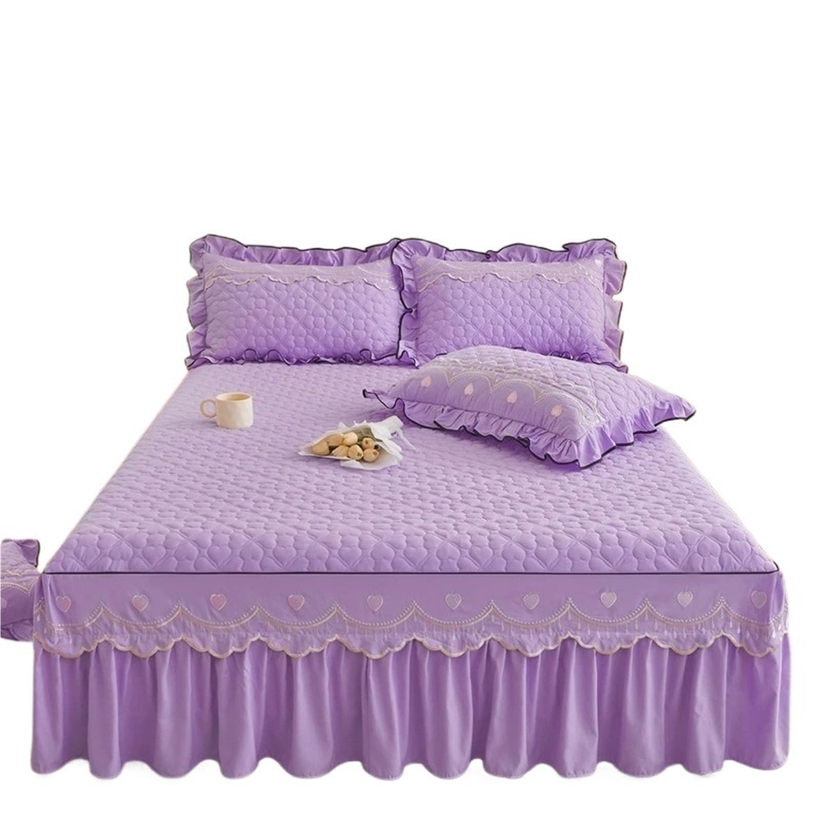 Quilted Bed Skirt Thick Clip Cotton Bedspread Skin-friendly Breathable Mattress Protector With Strap For Bedroom(Purple,1PC-150x200cm)