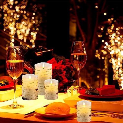 Miniatura 6 de Juego de 3 velas sin llama de corteza de abedul, velas parpadeantes de 4" 5" 6" operadas por baterías con control remoto, vela eléctrica con