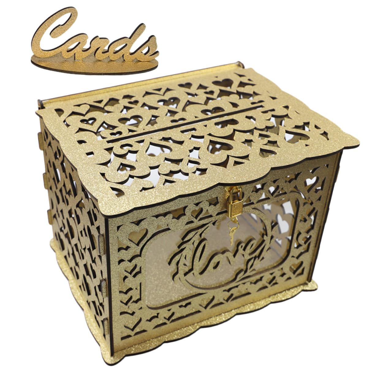 Holz Kartenbox mit Hohldesign Große Hochzeit Umschlag und Geldbox Dekorative Holz Aufbewahrungsbox für Jubiläum Empfang und Feier