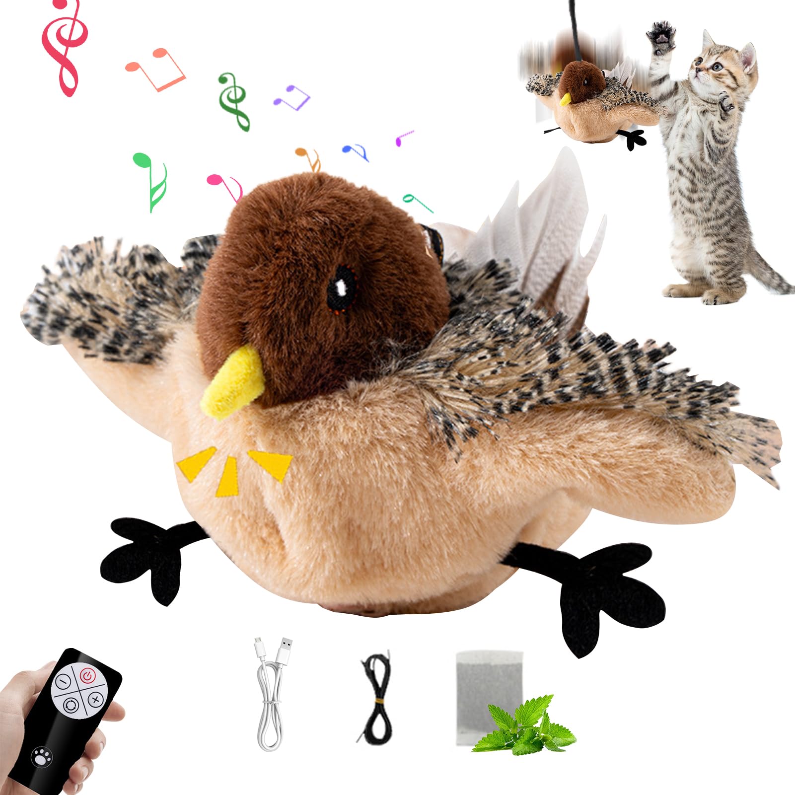 Shunfaji Interactive Cat Toy, Plush Cat Bird Toy, Real Beating and Twittering Like a Bird, Rechargeable, with Catnip (Sparrow A)