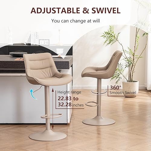 Miniatura 3 de Kidol & Shellder Juego de 2 taburetes de bar, taburetes giratorios ajustables de altura de mostrador con respaldo, tapizados de piel sintética