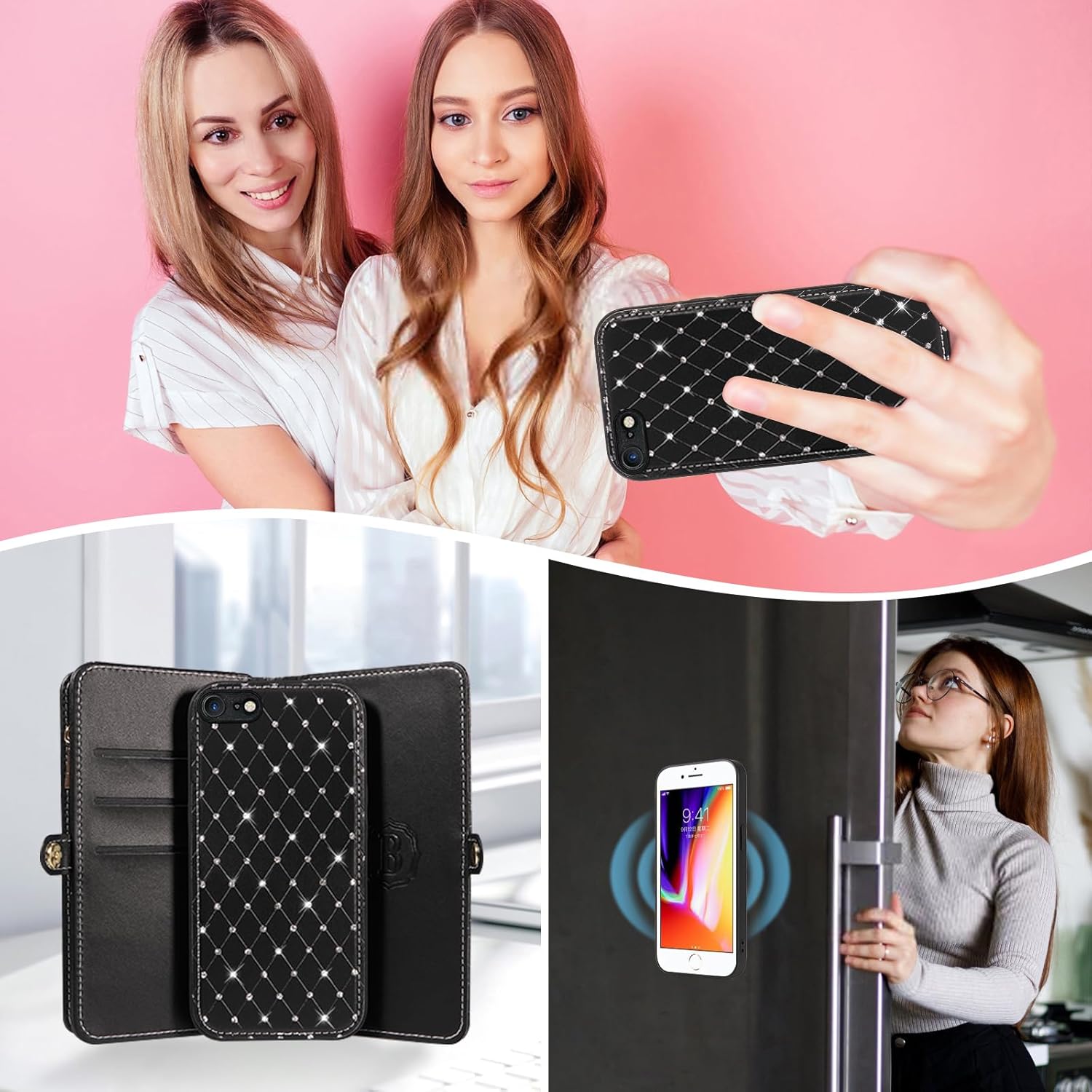 Phone Case for iPhone 7/8/SE 2020/2022 Zipper Wallet Cell Cover with Screen Protector Strap Glitter Flip Card Holder Slot iPhone7 i SE2020 SE2022 2/2nd/3/3rd Generation SE2 SE3 7SE 8SE Women Black