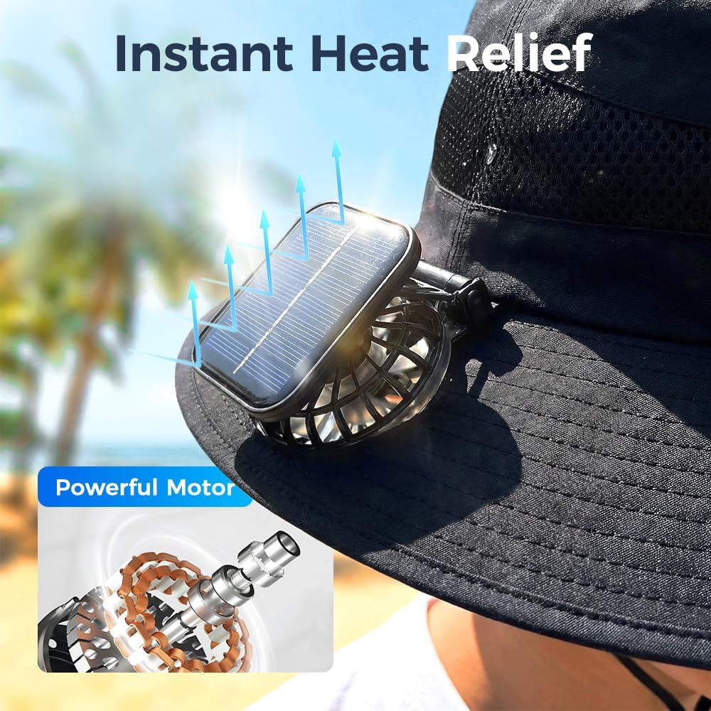 2026 Upgrade Outdoor Wide Brim Sun Hat with 2 Removable Solar Fan, Solar Powered Fan Hat for Hot Summer
