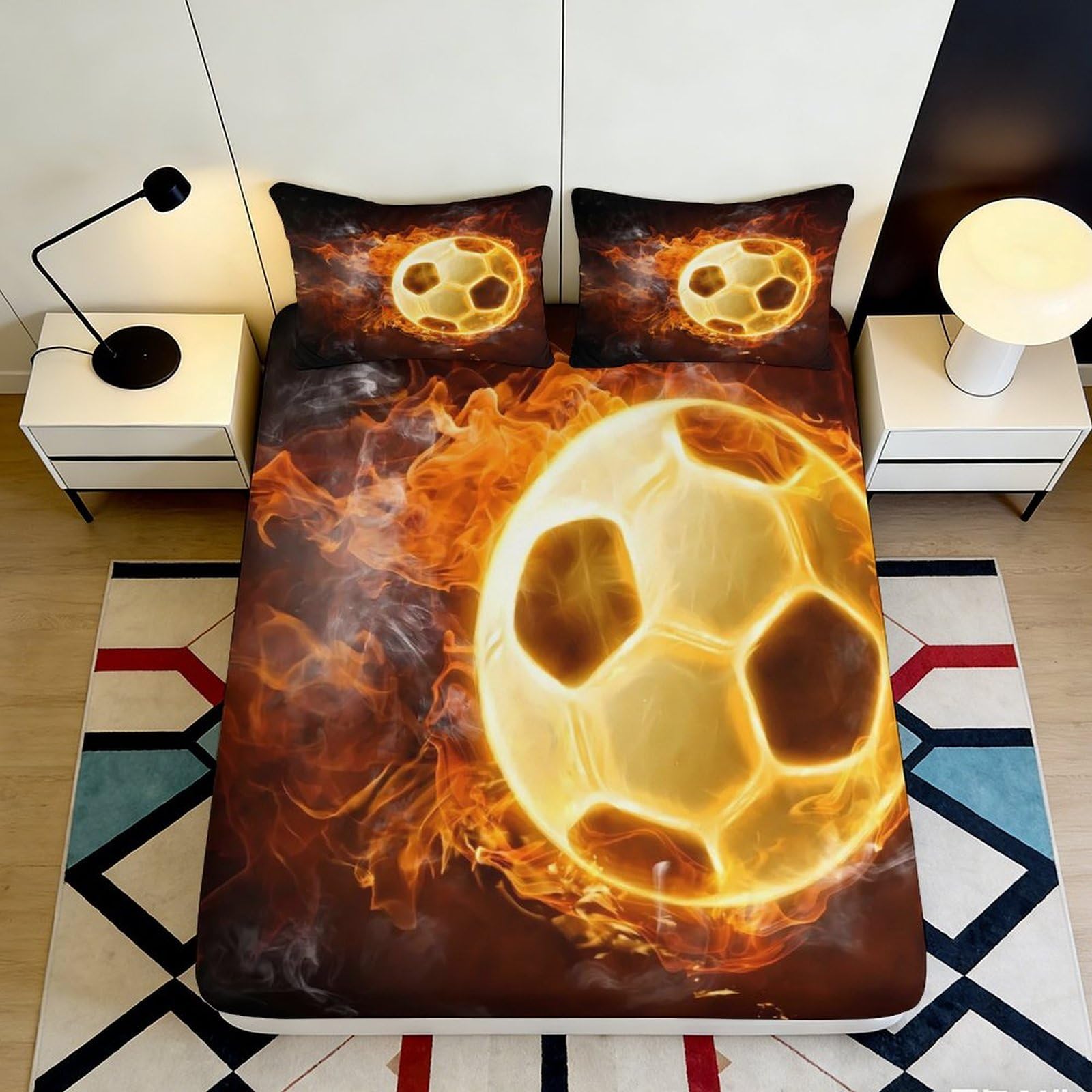 Jqzkxnhpbr Style-3 3D Printed Fire Soccer Fitted Sheet Microfiber Soft Orange Ball Bed Cover For Bedroom Guest Room Dorm Decor Protection 90X200x25cm