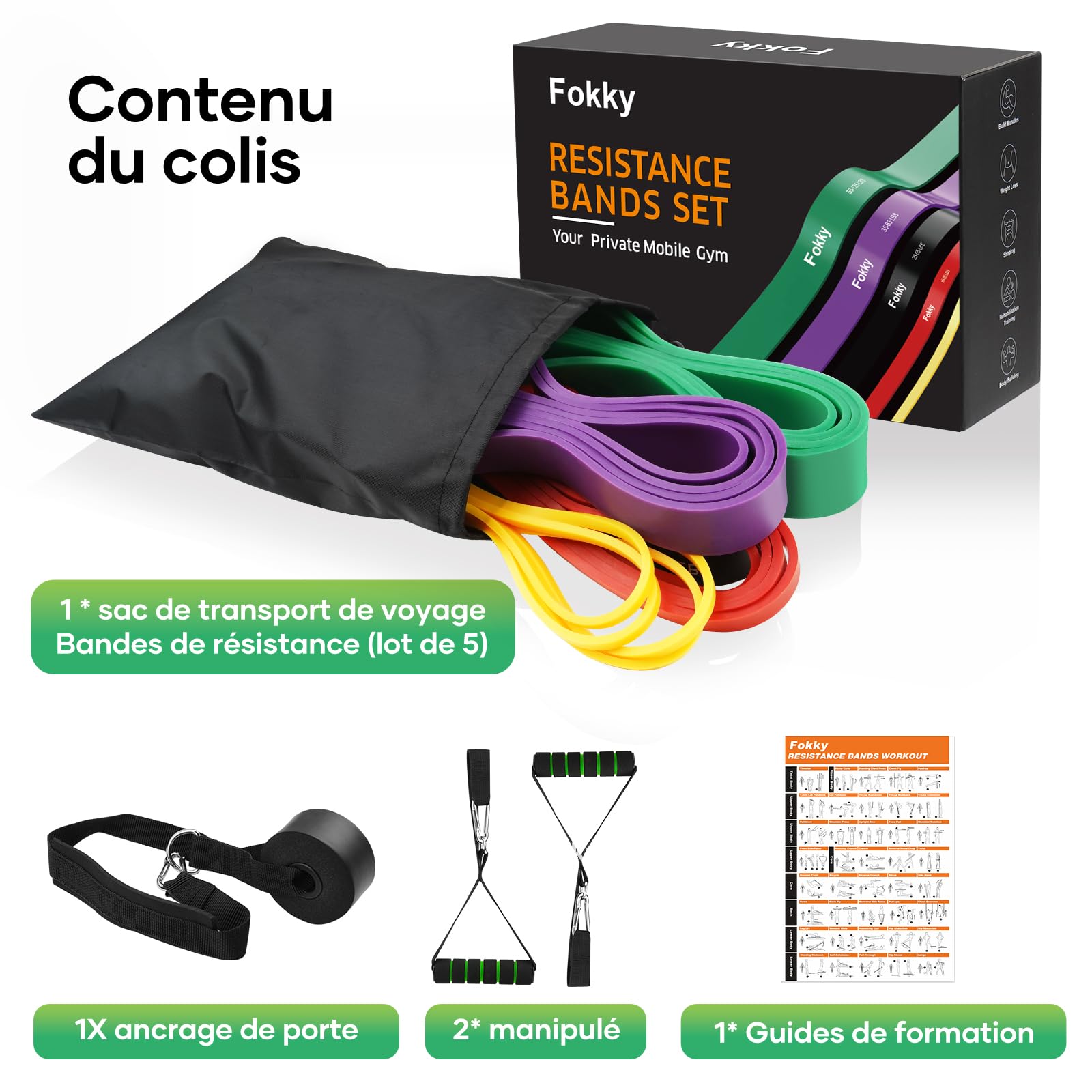 Fokky Bande Elastique Musculation, Élastique Musculation avec 5 Niveaux Différents, Elastique Sport et Poignées, Ancrage de Porte, Sac de Transport, Idéal pour Yoga Pilates Fitness Crossfit