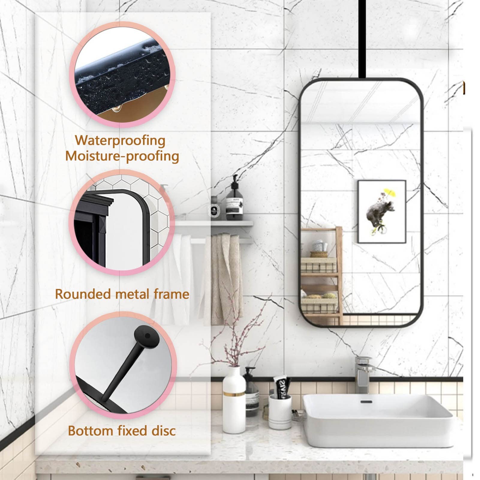 Specchio con Cornice in Metallo Nero, Specchio Rettangolare Montato a Soffitto con Asta di Sospensione a Soffitto, Specchio da Trucco Specchio da Trucco da Bagno, Specchi Quadrati Decorativi