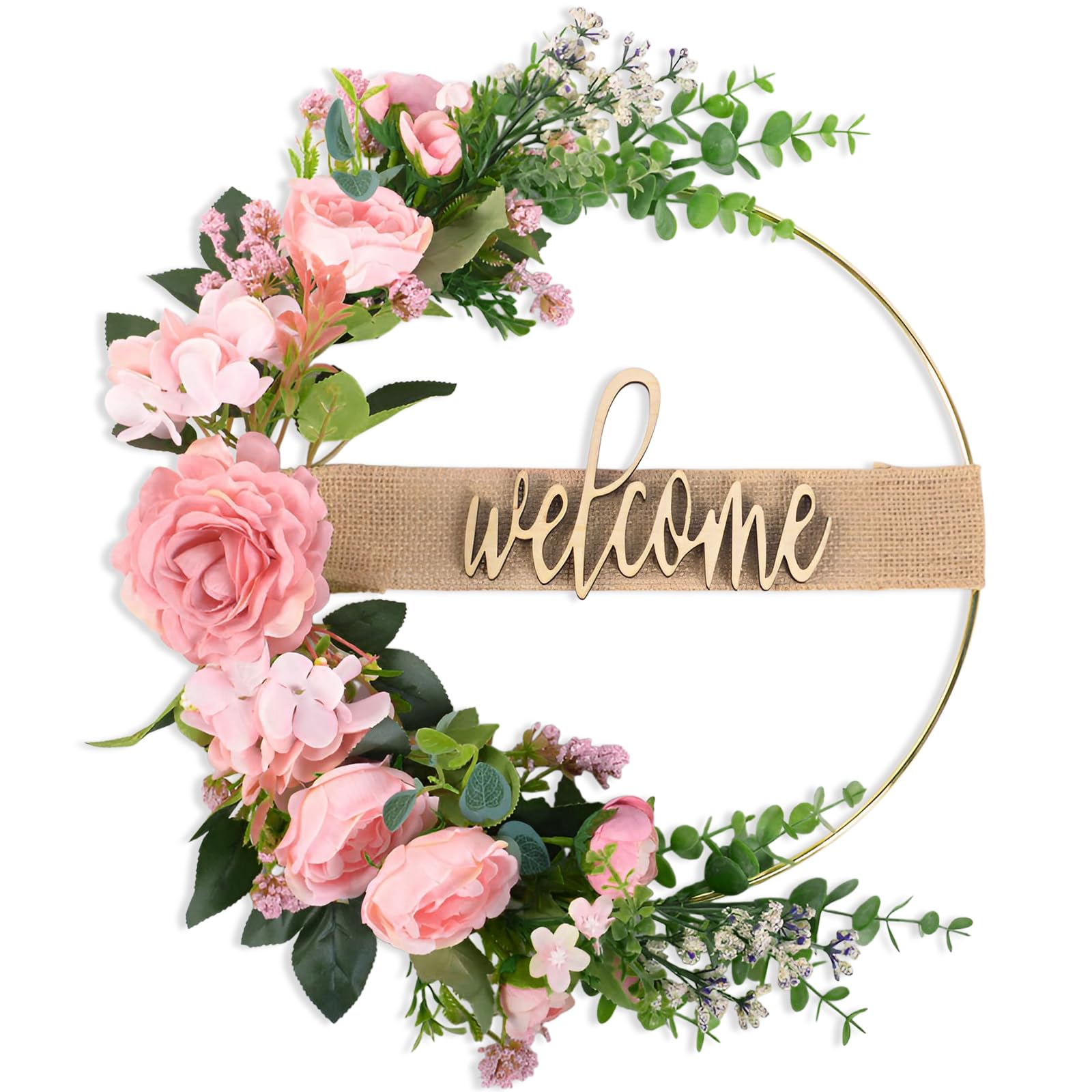 Vaskula Couronne de Porte Décorative Pivoine 40CM Couronne de Fleurs Artificielles Guirlande de Bienvenue pour Portes Salons Chambres à Coucher Murs
